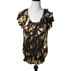 New Directions Large Brown Black Gold Ruffle V-Neck Tie Elastic Waist Blouse NWT